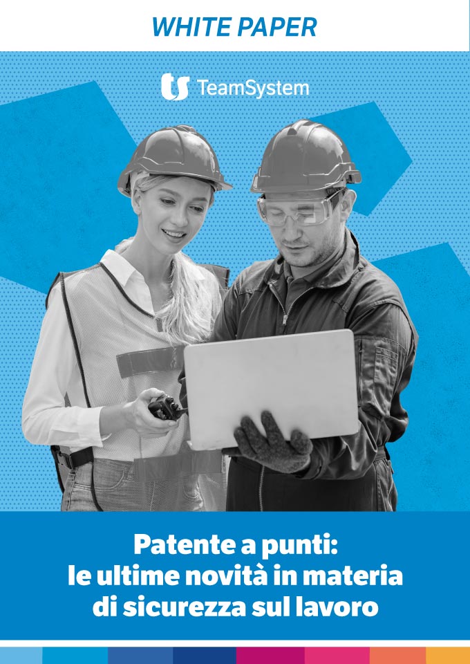 Copertina di un white paper dal titolo "Patente a punti: le ultime novità in materia di sicurezza sul lavoro". L'immagine mostra due lavoratori edili con caschi di sicurezza che consultano un tablet, simbolo dell'uso della tecnologia per la gestione della sicurezza nei cantieri