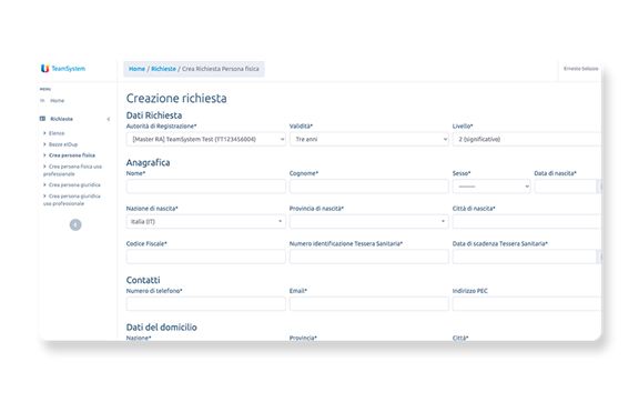 Schermata del software TeamSystem Signature: creazione richiesta.