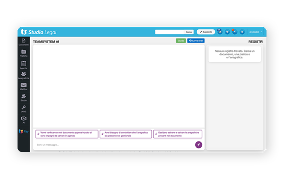 Immagine schermata software TeamSystem AI, l’intelligenza artificiale sviluppata per gli avvocati, gli studi e uffici legali.