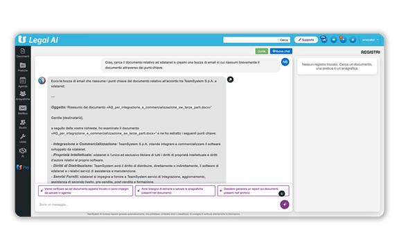 Immagine schermata software TeamSystem AI, l’intelligenza artificiale sviluppata per gli avvocati, gli studi e uffici legali.