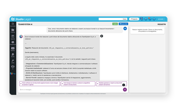 Immagine schermata software TeamSystem AI, l’intelligenza artificiale sviluppata per gli avvocati, gli studi e uffici legali.