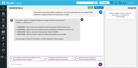 Immagine schermata software TeamSystem AI, l’intelligenza artificiale sviluppata per gli avvocati, gli studi e uffici legali.