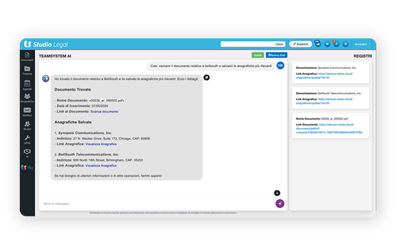 Immagine schermata software TeamSystem AI, l’intelligenza artificiale sviluppata per gli avvocati, gli studi e uffici legali.