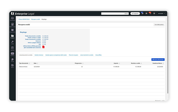 Schermata del software di TeamSystem Enterprise Legal relativo alla funzione del recupero del credito